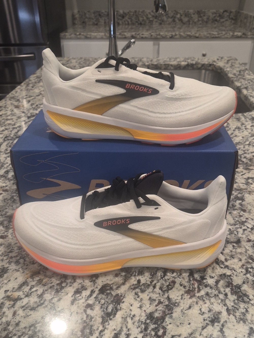 NEW Brooks White Revel 9 Running Shoes with Gold and Coral Accents